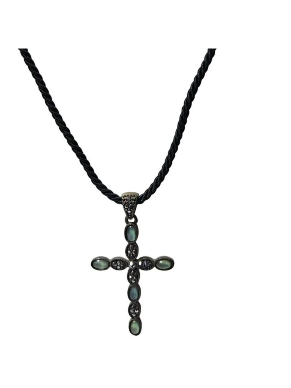 Cookie Lee Necklace Cross Pendant Green Cabochon Black Cord Rhinestone Gothic